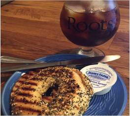 Bagel and coffee at Roots Coffeehouse