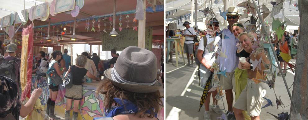 Left: The only money spent at Burning Man is on coffee, tea and ice. Right: My fellow campers and I take a break from the 100-degree weather.