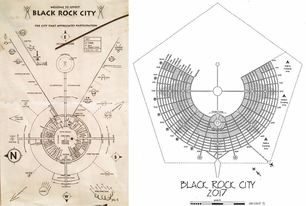 1996 original grid system city design on the left, and 2017 map on the right