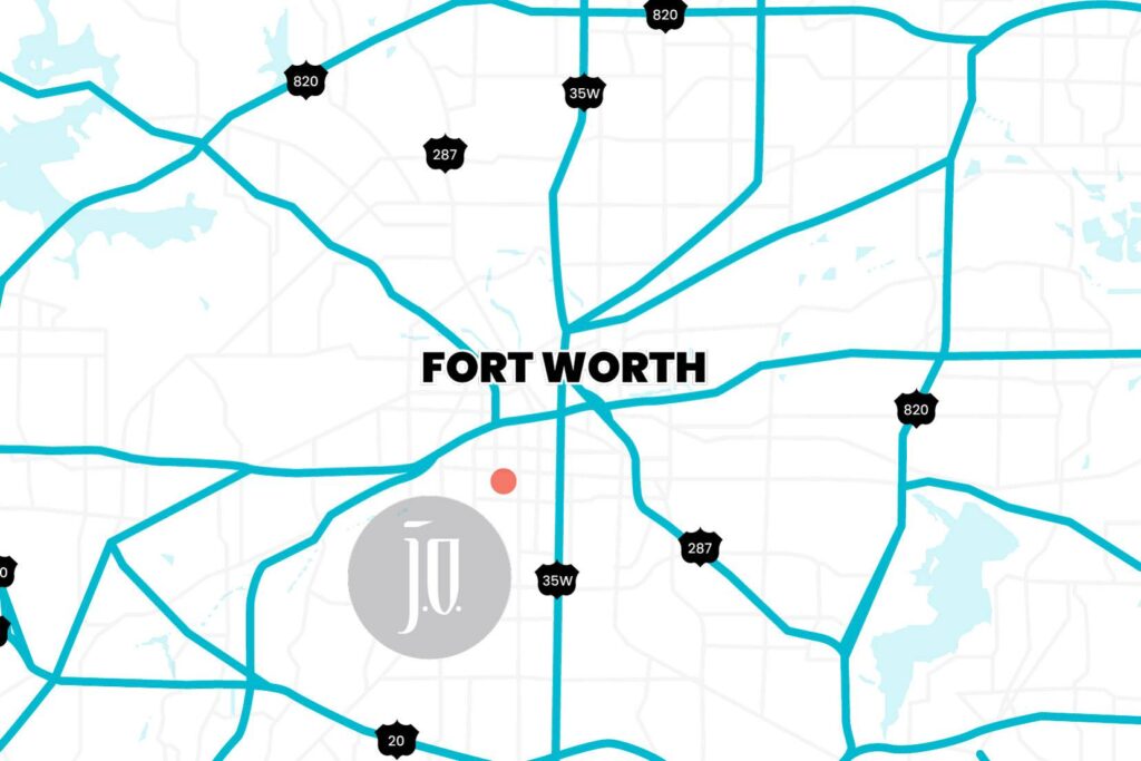 A detailed map of the fort worth area, you can see backroads as well as major highways, but just one dot showing where J.O is located.