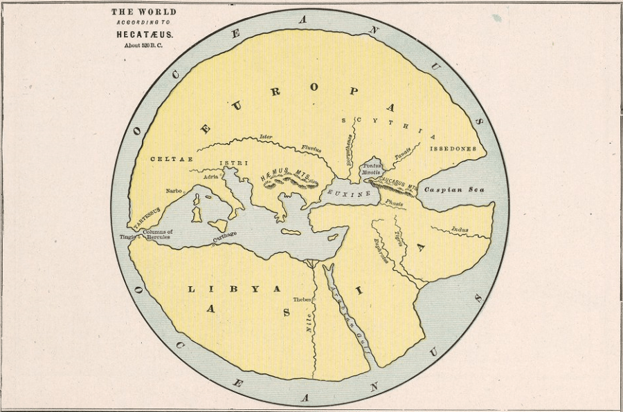 ancient use of a geographic information systems. Hecataeus made this map with the idea that he knew the entirety of the world.