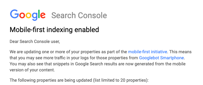 Screenshot of Google Search Console: Mobile-first indexing enabled
